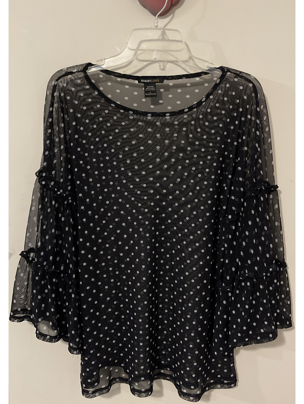 Robert Louis Womens Large Black Dotted Flowy-Sleeved Sheer Tunic Blouse! A1584